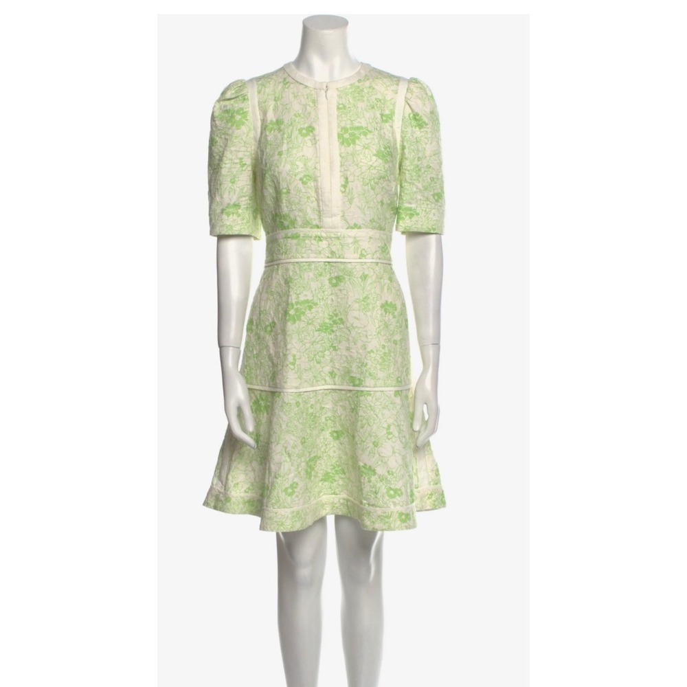 Excellent ME+EM Size 4 Mini Dress Green Floral Jacquard Puff Sleeve Fit & Flare